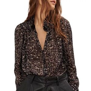 ba&sh Amelia Embroidered Black Blouse Sheer Metalic long sleeve business casual